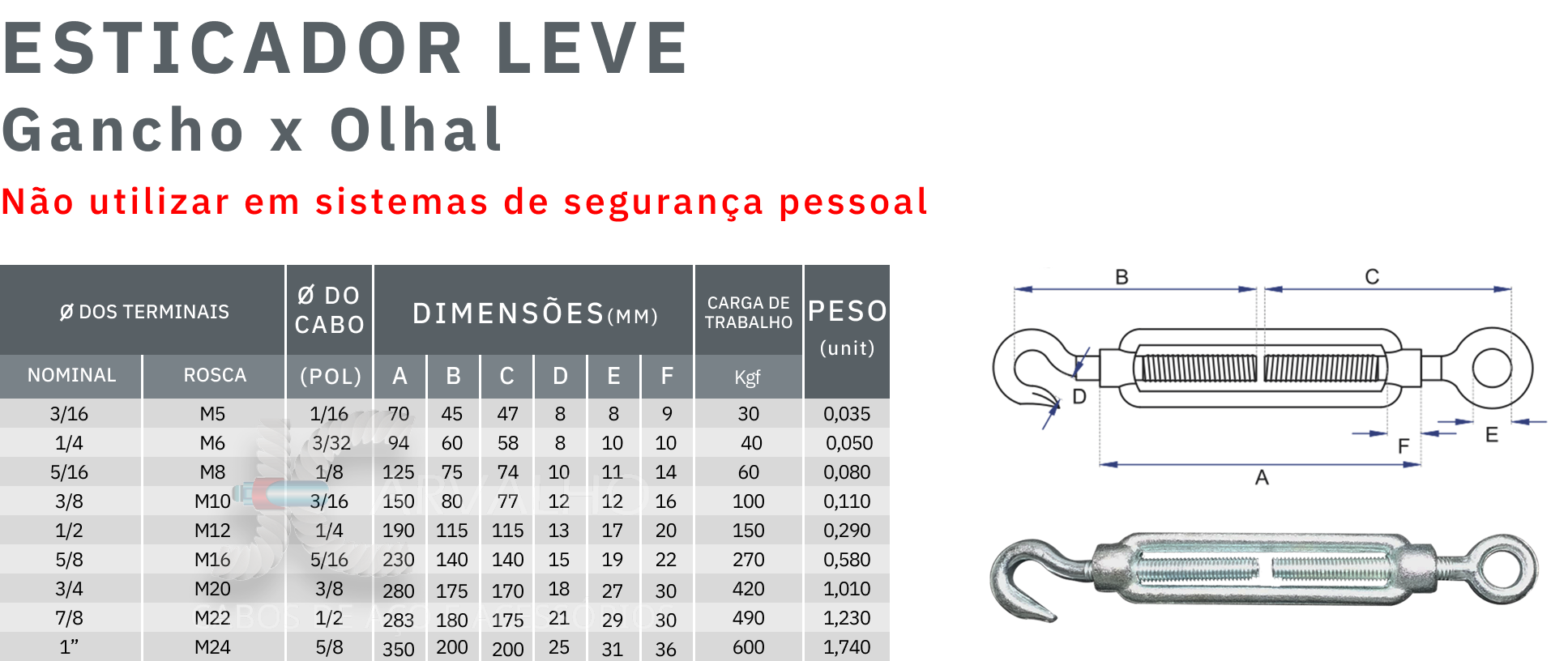 tabela de medidas esticador gancho x olhal linha leve- Jcarvalho